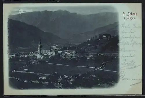 AK St. Johann /Pongau, Ortsansicht aus der Vogelschau mit Bergwand