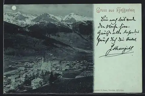 Mondschein-AK Hofgastein, Teilansicht mit Kirche