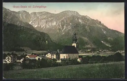 AK Gross-Gmain, Ortspartie mit Kirche und Lattengebirge