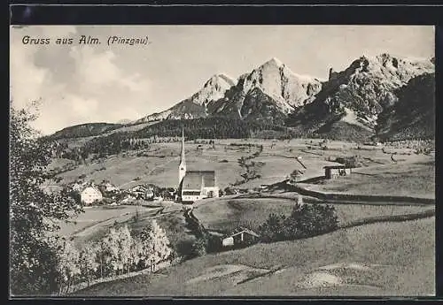 AK Alm /Pinzgau, Ortspartie mit Kirche