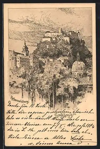 Künstler-AK Salzburg, Blick auf die Festung Hohensalzburg