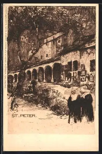 Künstler-AK St. Peter, Zwei Nonnen spazieren auf dem Klostergelände