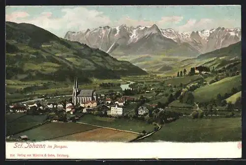 AK St. Johann im Pongau, Totalansicht mit Kirche und Gebirgskette