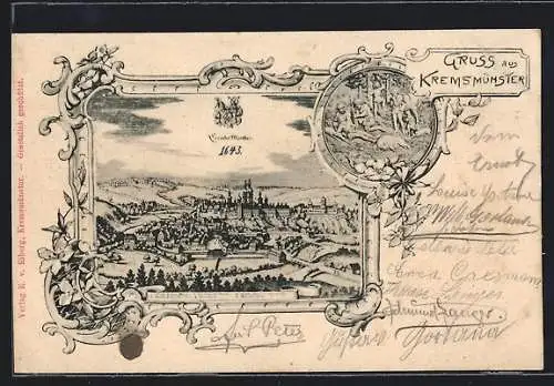 Lithographie Kremsmünster, Ortsansicht aus der Vogelschau