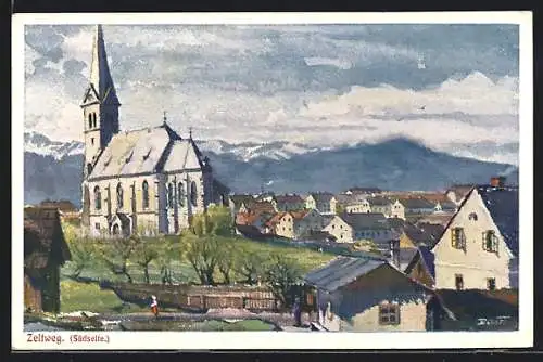 Künstler-AK Zeltweg, Teilansicht mit Kirche