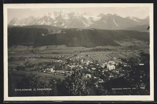 AK Schladming, Gesamtansicht mit Dachstein aus der Vogelschau