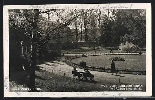 AK Graz, Stadtpark-Partie mit Schillerdenkmal