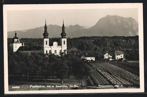 AK Puchheim, Ortsansicht mit Kirche und Traunstein