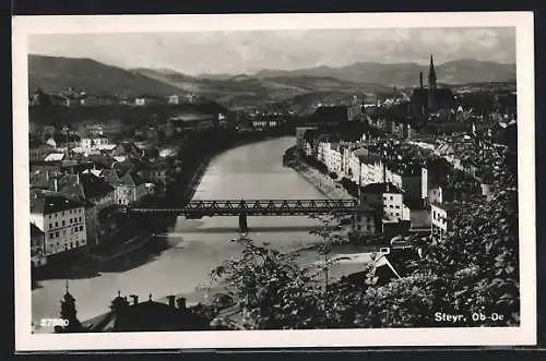 AK Steyr, Ortsansicht mit Brücke aus der Vogelschau