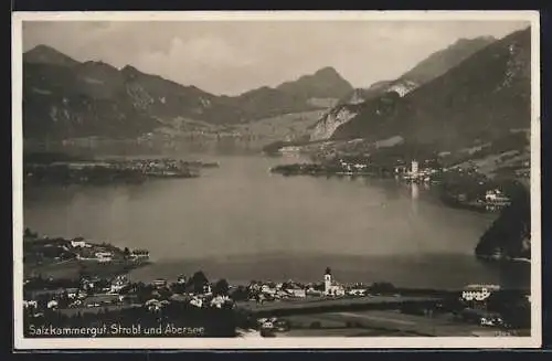 AK Strobl, Ortsansicht und Abersee mit Bergen