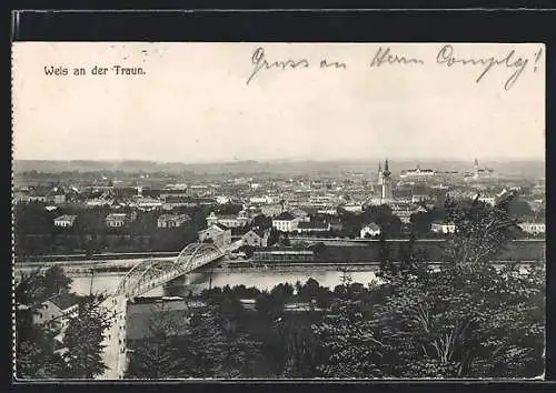 AK Wels an der Traun, Ortsansicht mit Brücke aus der Vogelschau