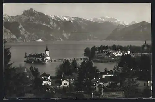 AK Gmunden, Schloss Orth und Traunsee aus der Vogelschau