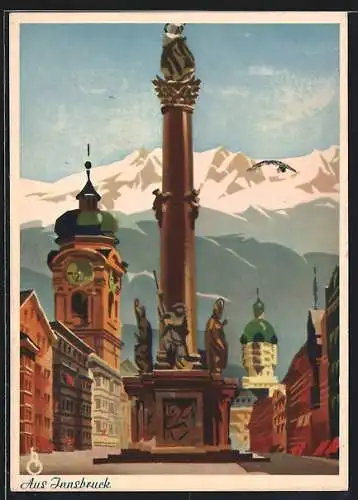 Künstler-AK Innsbruck, Strassenpartie mit Denkmal
