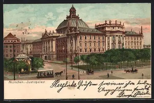 Lithographie München, Justizpalast, Pferdebahn, Kutschen