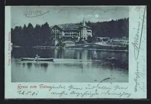 Mondschein-AK Titisee, Uferpartie mit Hotel