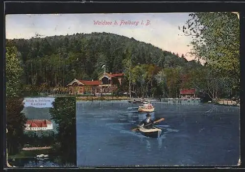 AK Waldsee b. Freiburg, Uferpartie mit Hotel, Schloss Karthaus