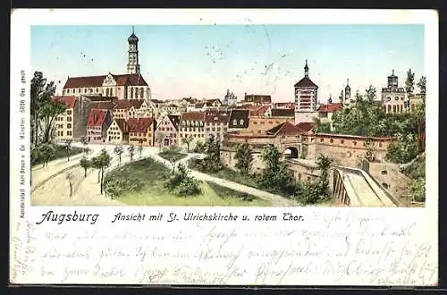 AK Augsburg, Ansicht mit St. Ulrichskirche und rotem Thor