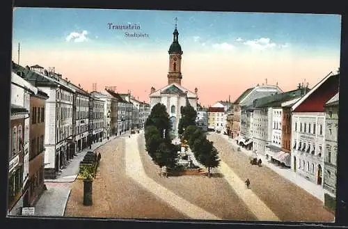 AK Traunstein, Stadtplatz mit Kirche