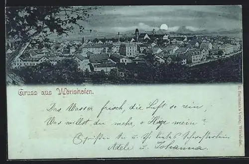 Mondschein-AK Wörishofen, Teilansicht mit Kirche