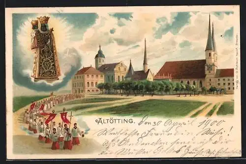 Lithographie Altötting, Ortspartie mit Kirche und Prozession, Gnadenbild