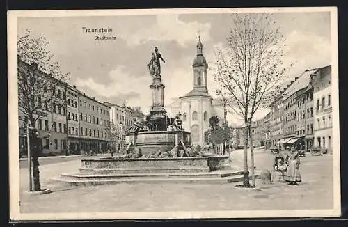 AK Traunstein, Kirche und Brunnen am Stadtplatz