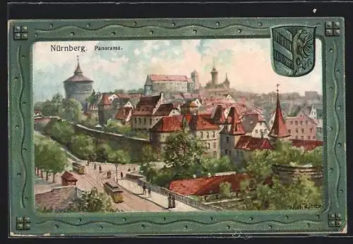 Künstler-AK Nürnberg, Panorama mit Strassenbahn, Wappen