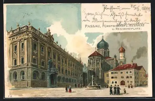 Lithographie Passau, Fürstbischöfl. Residenz u. Residenzplatz