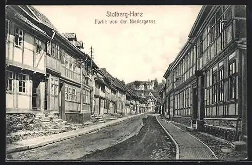 AK Stolberg /Harz, Strasse Niedergasse mit Fachwerkhäusern