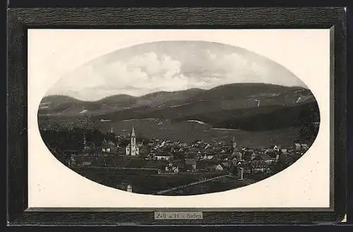 Präge-AK Zell a. H., Ortsansicht mit Kirche gegen die Berge, Holzimitats-Passepartout
