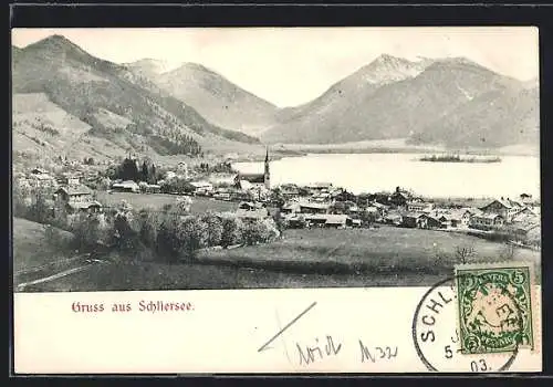 AK Schliersee, Ortsansicht mit Bergen