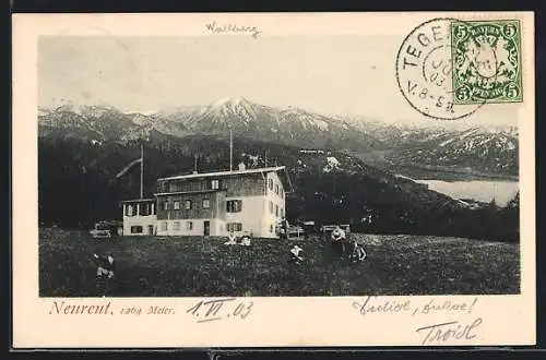 AK Neureut-Haus, Ansicht mit Gebirgspanorama
