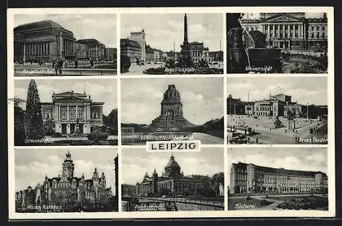 AK Leipzig, Bücherei, Hauptbahnhof, Völkerschlachtdenkmal