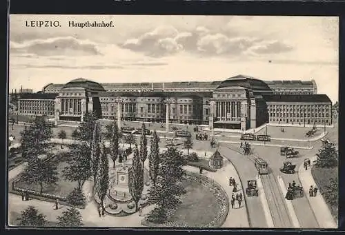 AK Leipzig, Hauptbahnhof mit Denkmal und Strassenbahn