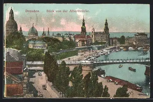 AK Dresden, Blick von der Albertbrücke mit Strassenbahn