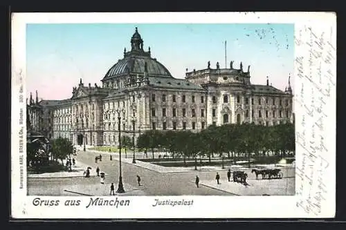 AK München, Justizpalast mit Pferdewägen