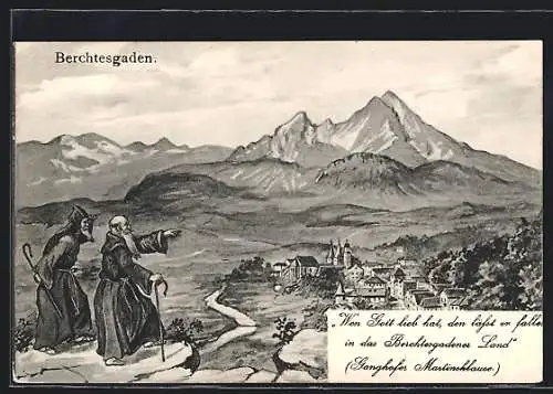 Künstler-AK Berchtesgaden, Teilansicht mit Mönchen