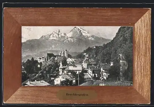 AK Berchtesgaden, Teilansicht mit Kirche, Passepartout