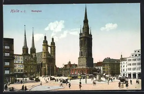 AK Halle a. S., Strassenbahn auf dem Marktplatz