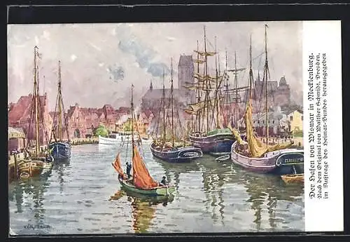 Künstler-AK Wismar, Im Hafen, Schiffe, Schiff Elisabeth