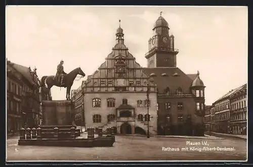 AK Plauen i. V., Rathaus mit dem König-Albert-Denkmal