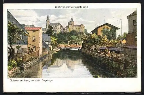 Künstler-AK Schwarzenberg im sächs. Erzgebirge, Blick von der Vorstadtbrücke