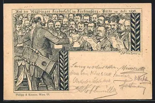 Künstler-AK Philipp + Kramer, Fritz Gareis: Fest der Währinger Liedertafel im Türkenschanz 1898