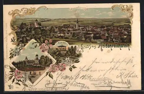 Lithographie Heidenreichstein, Schloss, Margit-Höhe, Ortsansicht