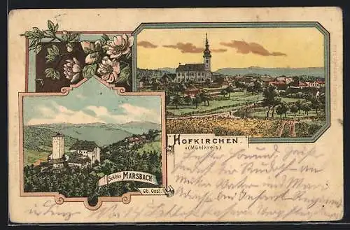 Lithographie Hofkirchen /Mühlkreis, Schloss Marsbach, Ortsansicht mit Kirche