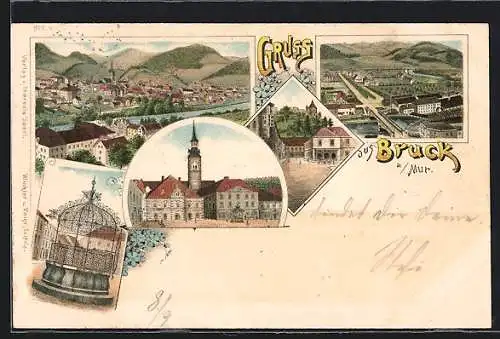 Lithographie Bruck an der Mur, Eiserner Brunnen, Ortspartien, Gesamtansicht