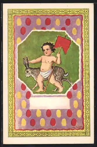 Künstler-AK Wilhelm List: Baby mit Banner und Osterhase