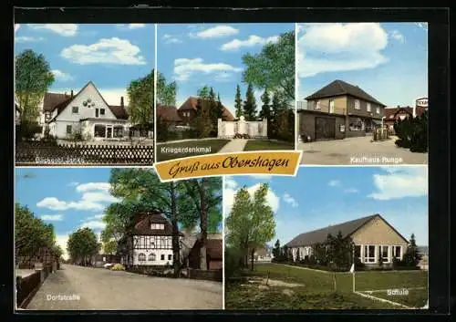 AK Obershagen, Kriegerdenkmal, Dorfstrasse, Kaufhaus Runge, Bäckerei Janke und Schule