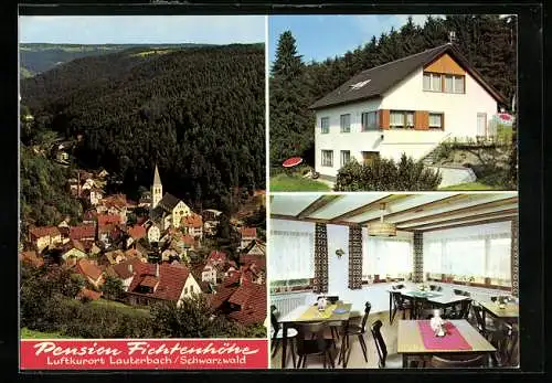 AK Lauterbach /Schwarzwald, Hotel-Pension Fichtenhöhe, Ortsansicht mit Kirche aus der Vogelschau