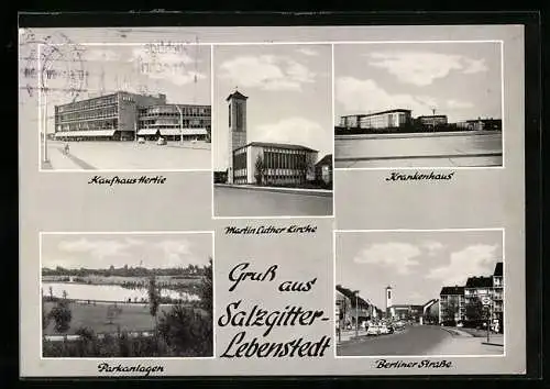 AK Bad Salzgitter, Kaufhaus-Hertie, Martin Luther KIrche, Parkanlagen, Krankenhaus