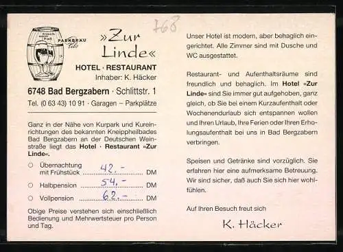 AK Bad Bergzabern, Hotel-Restaurant Zur Linde, Schlittstr. 1